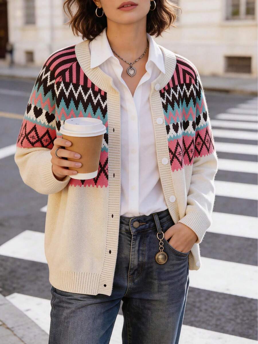 Plus Size Women Raglan Sleeve Casual Geometric Pattern Knitted Cardigan, Autumn/Winter - White - View 1