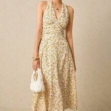 Vestido maxi con estampado floral romántico, escote halter y cintura fruncida, adecuado para vacaciones, bodas, fiestas de verano. Vestido de mujer con estampado floral pequeño, escote halter y cintura fruncida, ideal para verano, playa, primavera, Pascua, eventos. - Multicolor - Ver 3