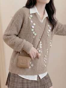 JIANHU Áo len ombre đính sequin công nghiệp nặng - Lạc đà - Xem 10