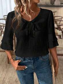 LUNE Women's Casual Linen Blouse With V-Neck And Short Sleeves With Ruffled Hem - Black - View 7
