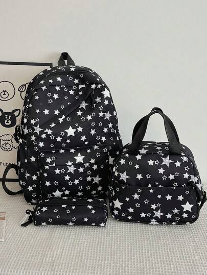 3 Packs Nylon Star Print Backpack Set, Foldable Multi-Pocket Large Capacity Zipper Backpacks, Suitable For Teens, High School Students, College Students, Wome, Daily Use, Commuting, Travel, Valentine's Day Gift
