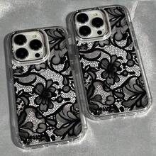 1pc Black Lace Flower Textured Matte Anti-Fall TPU Fashionable Phone Protective Case Suitable For IPhone 16, 15, 14, 13, 12, 11, 17 Pro Max - Multicolor - View 2