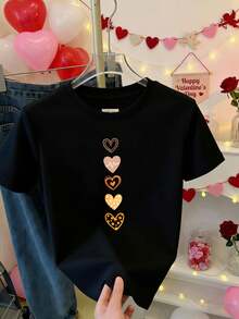 Camiseta de manga corta con estampado de corazón y línea de pulso para un estilo casual de verano para mujer - Negro - Ver 2