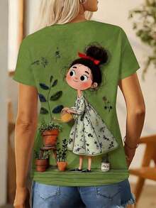 Camiseta casual de mujer con cuello redondo y manga corta con estampado de chica de verano romántica - Verde militar - Ver 2
