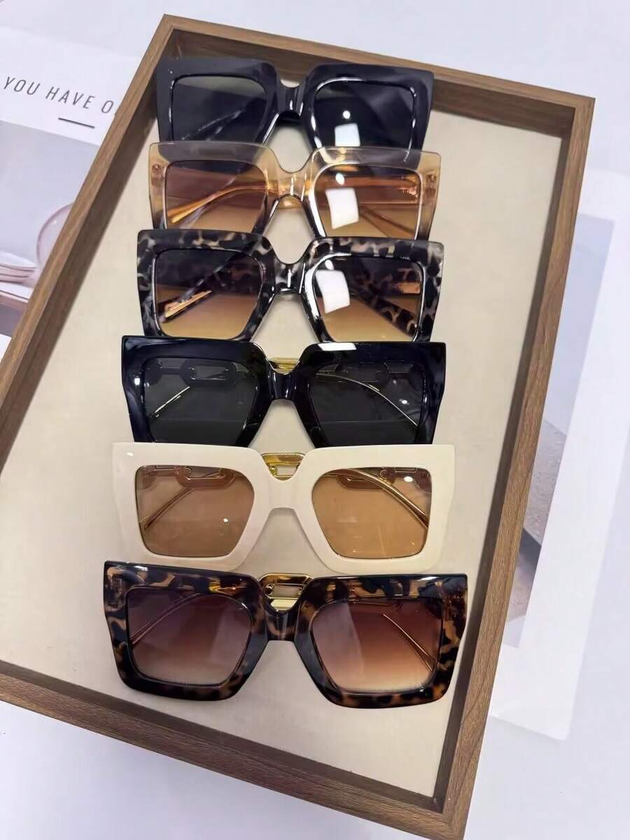 6對中性復古大框裝飾眼鏡,高品質塑料製成,耐用堅固,經典復古設計,適合日常配戴與街頭風格,聖誕節、新年、情人節、感恩節等節日的理想禮物 - 6pcs-黑香檳豹紋米白組合 - 查看 1