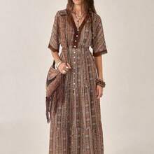 YijiaNvz  Vestido de encaje con estampado floral diminuto elegante, adecuado para vacaciones y uso diario, primavera/verano - Café integral - Ver 1