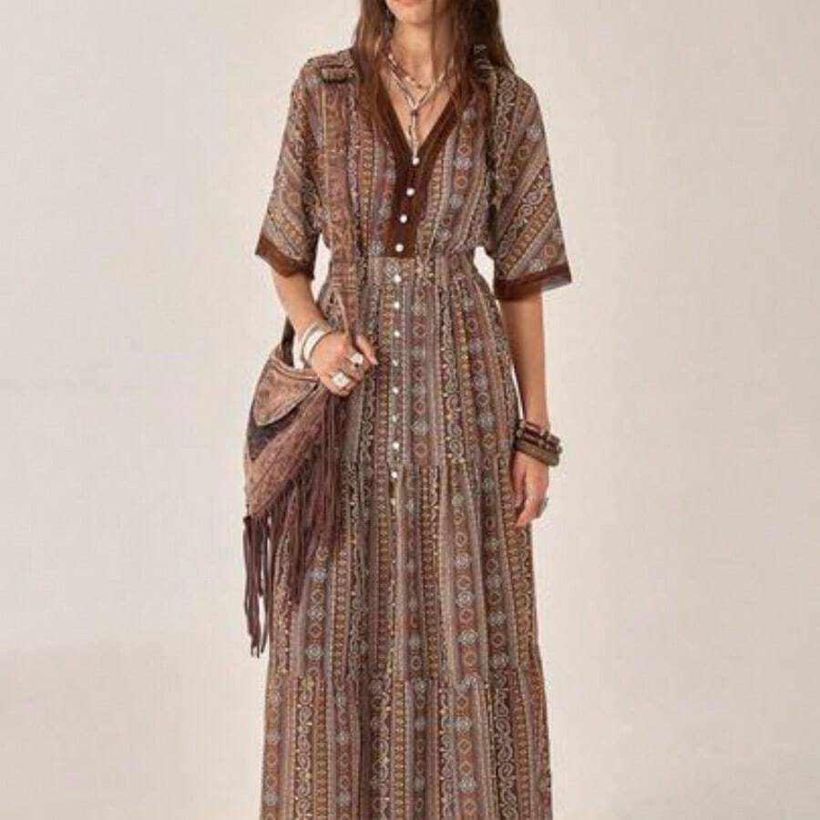 YijiaNvz Vestido de encaje con estampado floral diminuto elegante, adecuado para vacaciones y uso diario, primavera/verano - Café integral - Ver 1