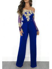 SJ3227 Women's Casual Water-Soluble Lace Off-Shoulder Wide-Leg Jumpsuit 7 Colors - 藍色 - 查看 8