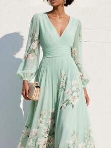Elegant Women's Dress With Floral Pattern, Pleated Texture, And Flowing Cut - Green - View 3