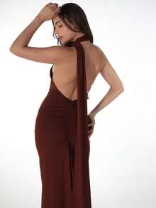 Vestido de fiesta de verano de un solo hombro y espalda descubierta de unicolor y corte sirena para mujer - Marrón - Ver 11