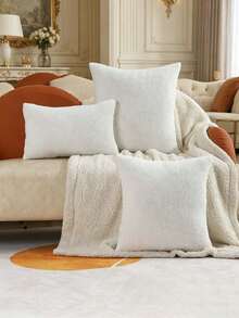 Miater 1pc All-Season Teddy Fleece Solid Color Throw Pillow Cover, Sofa Lumbar Cushion Case, Home Decor Pillowcase - White - View 1