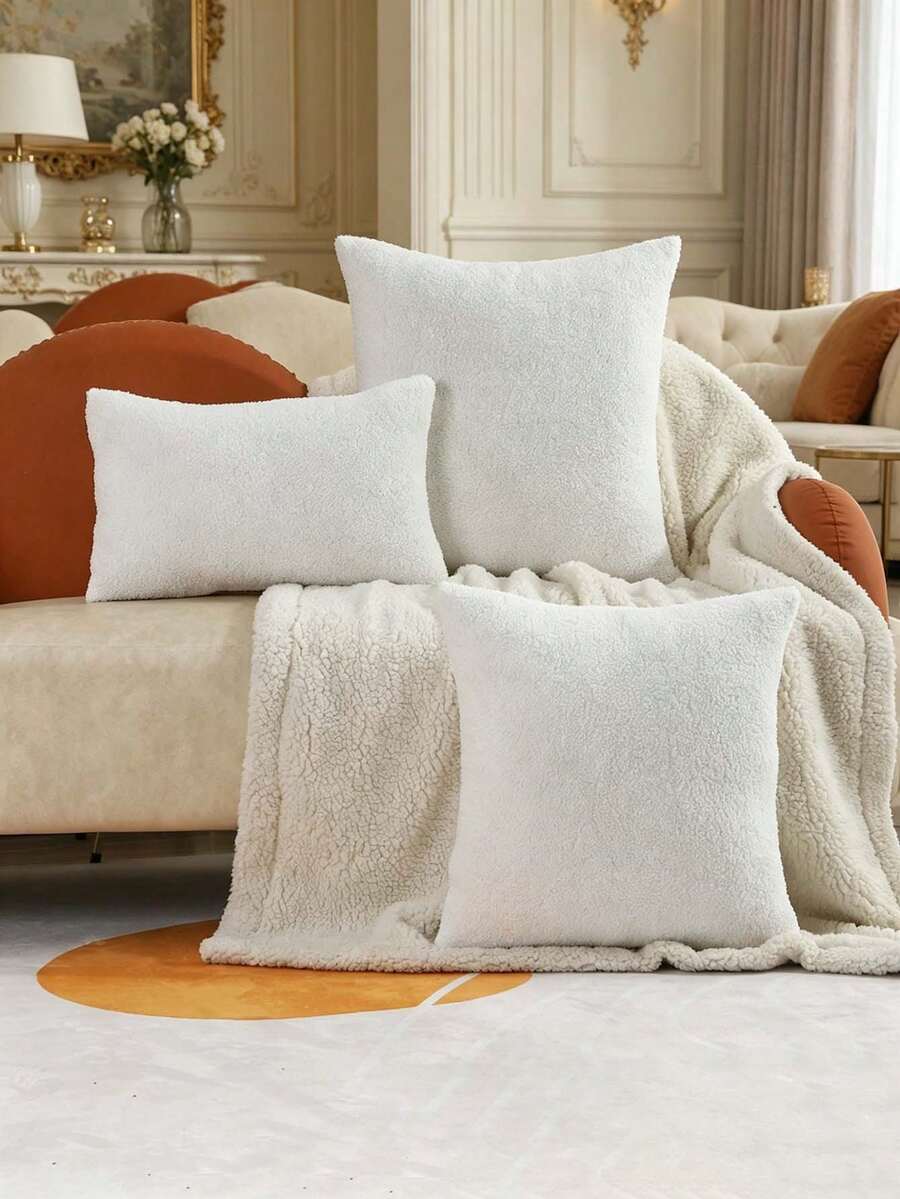 Miater 1pc All-Season Teddy Fleece Solid Color Throw Pillow Cover, Sofa Lumbar Cushion Case, Home Decor Pillowcase - White - View 1