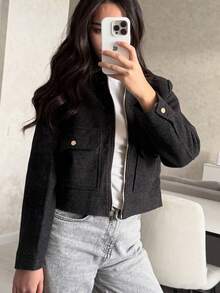 Women's Fashionable Black Soft Woolen Jacket, Front Zipper, Dual Pockets, Lapel Collar, Casual Street Style Outerwear For Autumn/Winter, Effortless Style - Black - View 2