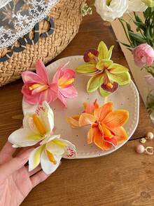 4件組人造雙花髮夾，甜美女孩海灘度假蘭花側瀏海髮夾，時尚百搭花卉頭飾，浪漫度假情人節髮飾髮夾 - 彩色 - 查看 4