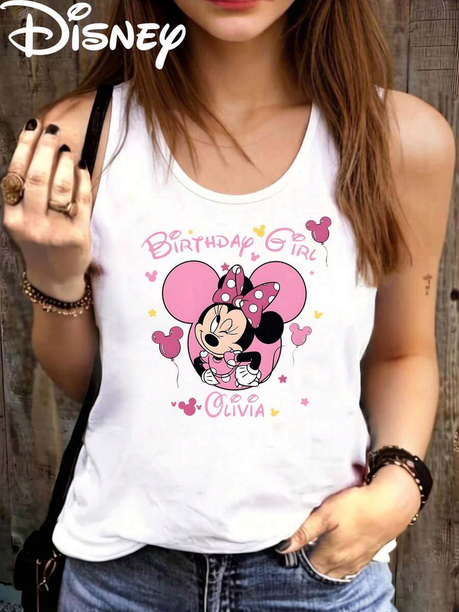Disney Official Licensed Birthday Girl Minnie Mouse Customizable Tank Top For Women, Pink Balloon Graphic Tee, 100% Polyester Soft Casual Racerback Vest - White - View 1