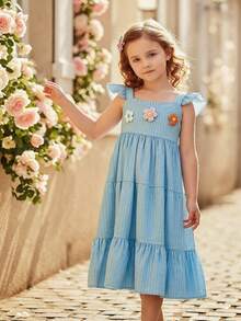 Young Girl Summer Dress, Cute Solid Color Cap Sleeve Colorful 3D Floral Elastic Waist Casual Holiday Dress - Blue - View 4