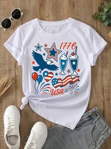 [100% Algodón] Camiseta de Mujer, con un diseño de cuello redondo cómodo y suave, celebra el Día de la Independencia con un tema patriótico de 1776 en los Estados Unidos, incluyendo un águila, estrellas y globos para el Cuarto de Julio - Estilo callejero vintage, camiseta unisex de algodón suelto de manga corta con cuello redondo, camiseta de verano para mujer, camisas de mujer, ropa de mujer, blusas bonitas. - Albaricoque - Ver 6