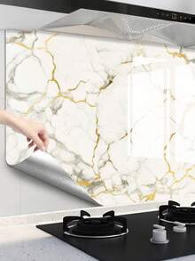 1 Roll Kitchen Waterproof Oil-Proof Wall Sticker, Thick Heatproof Marble Texture Wallpaper In Gold, Gray & White, Suitable For Vent Hood Renovation, Customizable DIY Wall Paper For Kitchen Cabinets & Countertops - Multicolor - View 10
