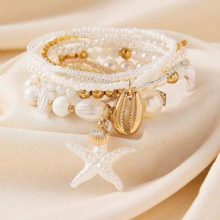 Set de 7 pulseras de capas con perlas de concha y estrella de mar, diseño de estilo bohemio, adecuado para uso casual en vacaciones en la playa, patrón de concha aleatorio, también adecuado para fiesta, boda, pulsera de novia - Dorado - Ver 1