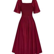 YijiaNvz  Nuevo vestido elegante con cuello cuadrado, frente plisado, espalda descubierta y cintura ceñida de gasa para mujeres - Verde - Ver 3