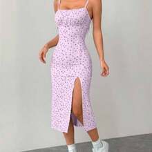 YijiaNvz  PETITE Vestido de media longura de corte ajustado con abertura lateral y tirantes con estampado floral rojo y azul para primavera y verano - Púrpura malva - Ver 1