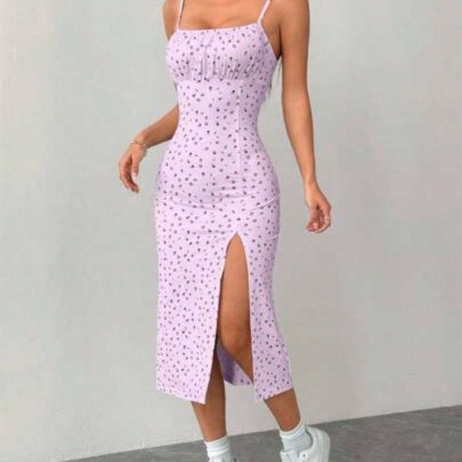 YijiaNvz PETITE Vestido de media longura de corte ajustado con abertura lateral y tirantes con estampado floral rojo y azul para primavera y verano - Púrpura malva - Ver 1