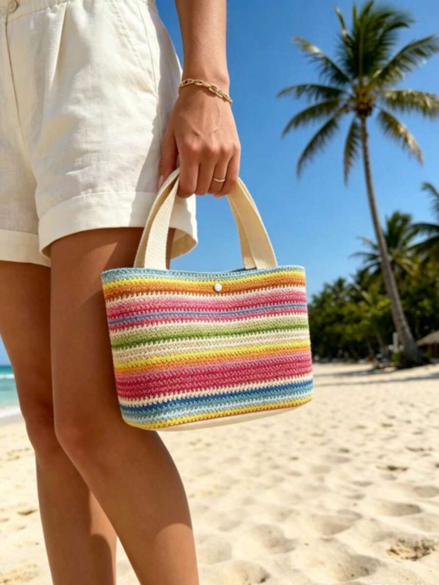 Woven Handbag, Minimalist Button Design Woven Bag, Versatile Commuter & Grocery Tote, Casual Vacation Handbag & Shoulder Bag - Multicolor - View 1