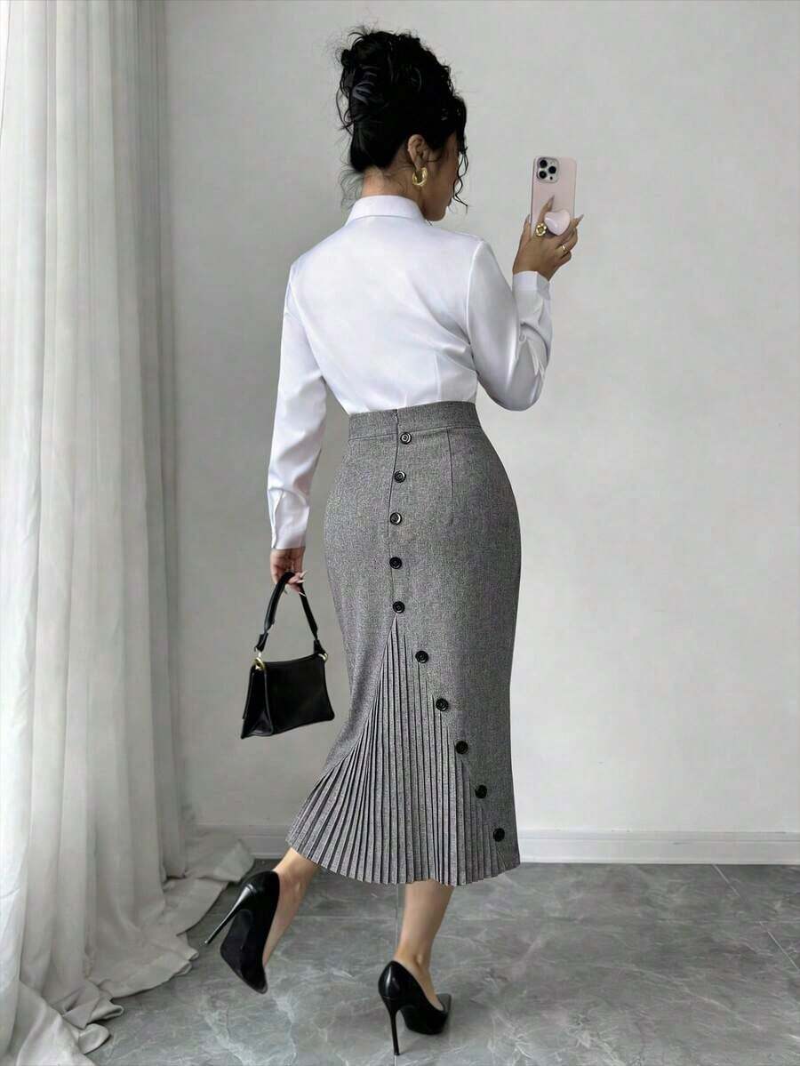 Falda lápiz plisada elegante y ajustada para mujer - Gris - Ver 1