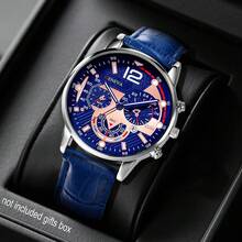 SOKI SOKI Men's Watch With Calendar Function, Fashionable Round Dial, Quartz Movement, PU Strap. Suitable For Men To Wear At Parties, Holidays And Birthdays, Or As An Ideal Gift For Brothers (Gift Box Not Included) - Blue - View 7