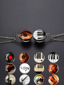 1PC Music Themed Instrument Patterned Necklace, Double-Sided Spherical Glass Inlaid Pendant, Suitable For Couples To Exchange Or As A Birthday Gift. - Silver - View 2