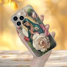 Funda para teléfono con la Virgen María rezando, color turquesa y rosas doradas. Compatible con Samsung, Apple, VIVO, OPPO, , Transsion, ,  y Honor. Fabricada en silicona TPU, ofrece protección contra golpes y caídas. - Blanco - Ver 5