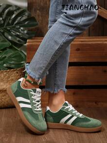 Women's Green & White Contrast Color Casual Sneakers, Low-Top Rubber Sole Comfortable Everyday Commute Shoes - Green - View 5