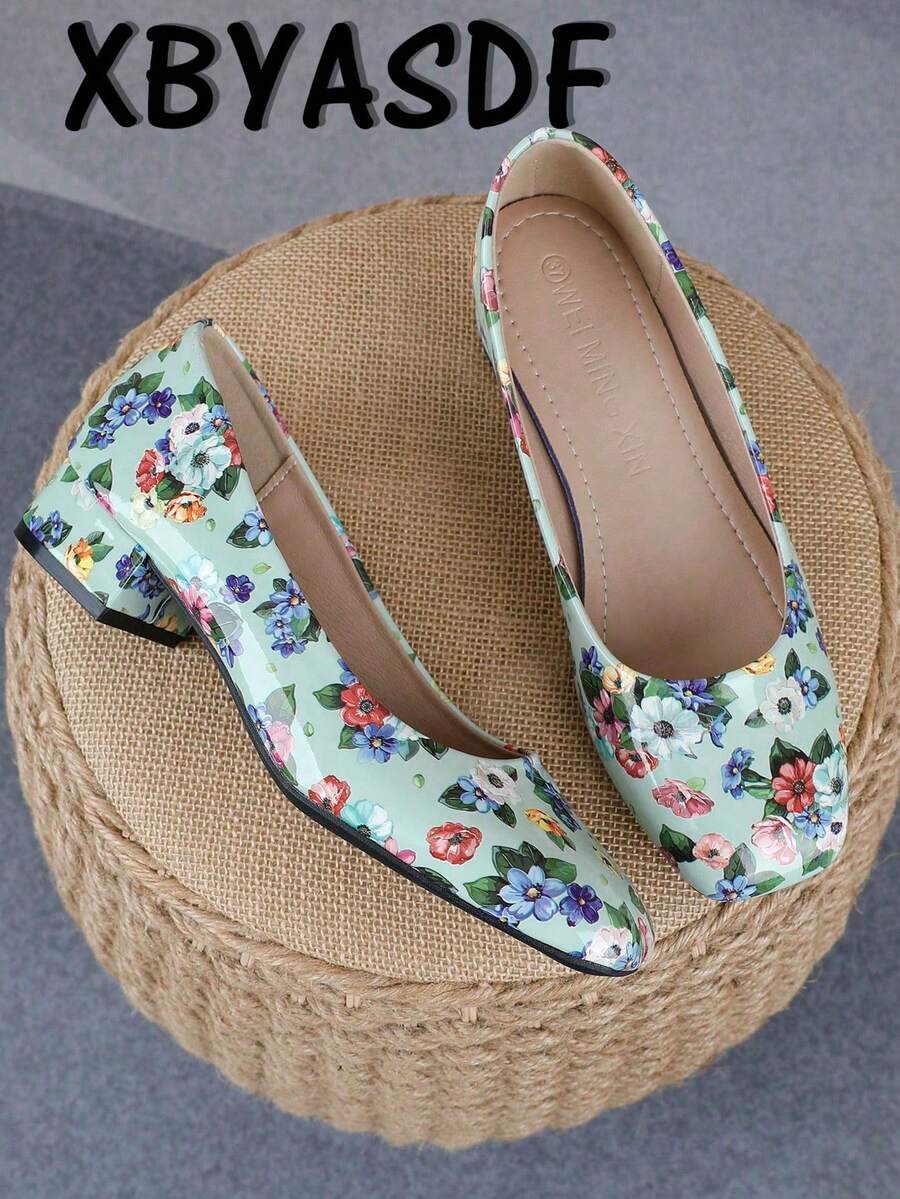 XBYASDF Giày cao gót nữ màu xanh lá cây họa tiết hoa, mũi vuông, gót dày 3cm, kiểu dáng retro, thanh lịch, đa năng, thích hợp đi làm, năm 2026. - màu xanh lá - Xem 1