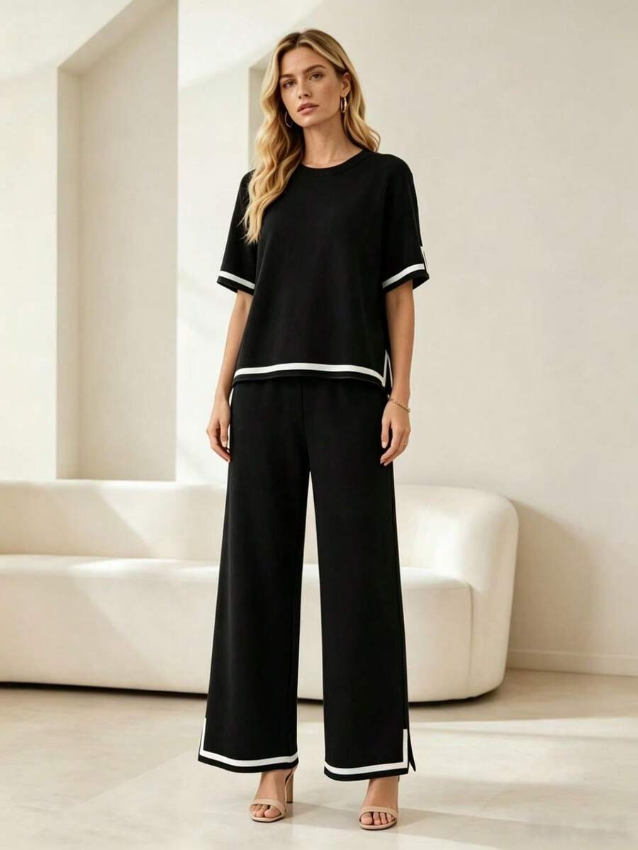 Women's Tracksuit Set With Striped Details - Comfortable Style - 黑色 - 查看 1