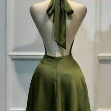 Nana's Women's Clothing Store 1 pieza Vestido corto de satén de unicolor y espalda descubierta, vestido de playa, vestido mini elegante para mujer, vestido casual elegante, vestido fluido, vestido corto de verano - Verde - Ver 4
