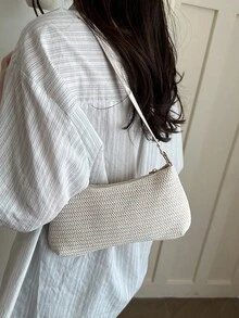 時尚新款純色度假風草編熱門女款單肩包,無掛飾配件,適合購物、錢包、購物、年輕女性、大學生、職場新人及白領族。非常適合辦公室、大學、工作、商務、通勤、戶外活動、旅行及出遊 - 米色 - 查看 3