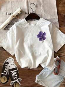 [Double-Sided Print] Women's Summer Casual Top, Floral Print Style, Blue T-Shirt With Blue And Purple Flowers, Round Neck, Short Sleeve [Ling K] - 白色 - 查看 3