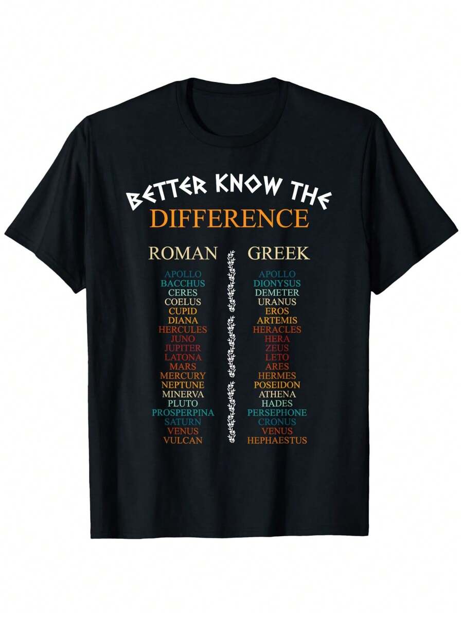 Diferencias de los dioses griegos romanos - Camiseta de mitología griega antigua con estampado vibrante de carta de amor, cuello redondo, camiseta casual - Peso de la tela 180G 100% S-XXXL - Suave, transpirable, corte holgado, manga corta, diseño de cuello redondo - Negro - Ver 1
