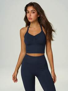 UONNOU Top corto de mujer con cuello halter y fruncido delantero, camisola corta de yoga y entrenamiento sin costuras de alta elasticidad - Azul Marino - Ver 6