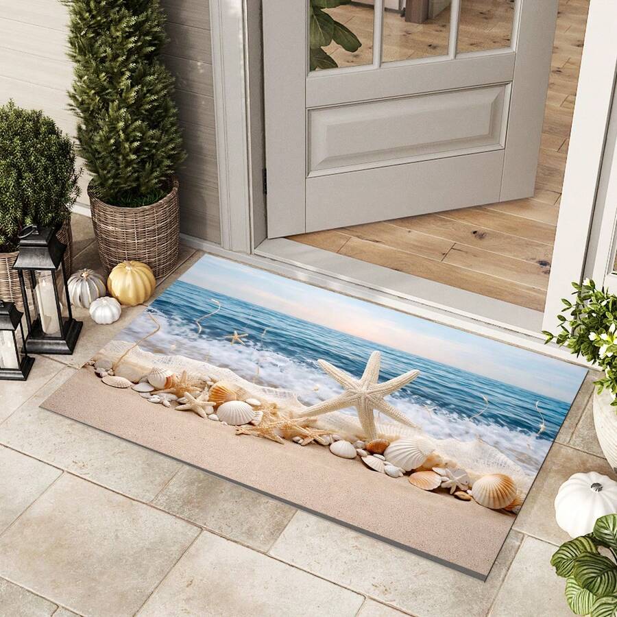 1pc Ocean Pattern Kitchen Floor Mat, Polyester Drainage Mat, Doormat, Floor Mat, Suitable For Kitchen, Living Room, Entrance, Balcony, Home Decor, Anti-Pollution, Coffee Shop, Bar, Holiday, Party, Bedroom, Pet Mat, Bathroom Decor, Summer Ocean Theme - Multicolor - View 1