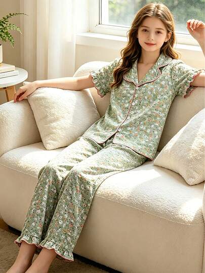 2pcs/Set Girls' Floral Ruffle Button Short Sleeve Top + Comfortable Pants Homewear Set, Suitable For Children Pajamas
