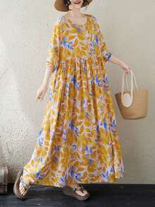 Summer 2026 Striped Dress, Women's Bohemian Casual Beach Vacation Dress. This Loose-Fitting A-Line Dress Features A Round Neck And Batwing Sleeves. - 黃色 - 查看 5