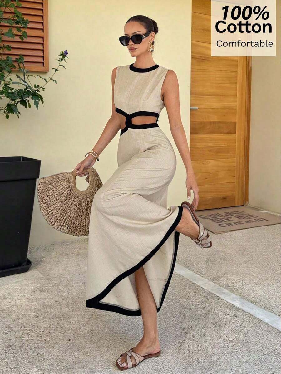 Vestido largo sin mangas de verano de 100% algodón puro con bloques de color y calado, elegancia francesa, cintura alta, efecto estilizante, vestido casual de playa, estilo europeo y americano, diseño de falda ancha y abertura, ropa de vacaciones elegante y versátil.Vestido elegante para mujer, último diseño, vestido de alta calidad, vestidos de mujer, vestidos de lujo - Albaricoque - Ver 1