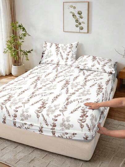 1 pieza Sábana ajustable con estampado de hojas y botánico, suave, cómoda y transpirable, resistente a las arrugas, mejora la calidad del sueño, lavable a máquina, se ajusta a camas individuales, dobles, queen y king, perfecta para dormitorios y habitaciones de invitados (no incluye fundas de almohada)