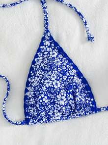 Bộ bikini buộc dây cổ màu trơn, gợi cảm, tối giản, thích hợp cho nữ, đi biển, du lịch, dự tiệc, mẫu mới Xuân/Hè. - Nền màu xanh dương với những bông hoa nhỏ màu trắng. - Xem 5