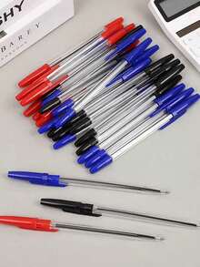 Quick-Dry Ballpoint Pen - Made Of Polypropylene Fiber Barrel, With Removable Cap, Medium Tip, Smooth Writing, Suitable For Office And School, For Ages 14 And Up, Available In Black, Red And Blue, Back To School - Multicolor - View 8
