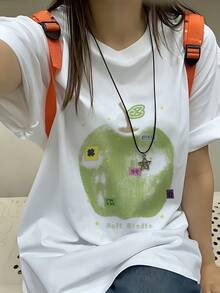 Women's Clothing: Women's Loose And Casual Short-Sleeved T-Shirt, Sweet And  Street Style, Green Apple And Letter Print, Pure Cotton Fabric, Suitable For Everyday Summer Wear, Versatile Casual Sports Top. - 白色 - 查看 3