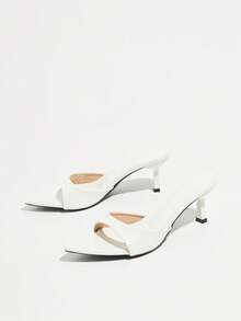 Women's White Mirror Finish High Heel Slide Sandals, Pointed Toe Kitten Heel Mule Shoes, Versatile Spring/Summer Commute And Casual Wear - White - View 6