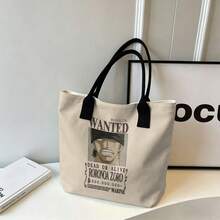 Miniso One Piece "Wanted Dead Or Alive Roronoa Zoro" Print Canvas Tote Bag, Beige Shoulder Bag For Daily Use - White - View 3