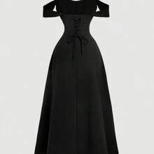 MOD Vestido de mujer con estampado floral azul y blanco de hombros descubiertos - Negro01 - Ver 4
